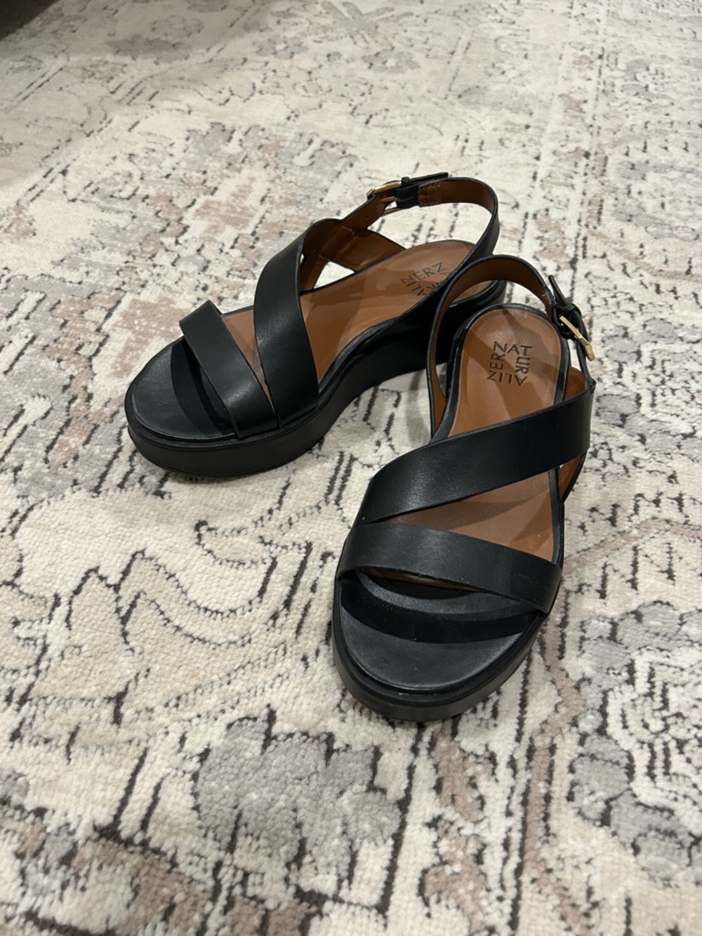 Naturalizer Black Leather Crisscross Platform Sandals